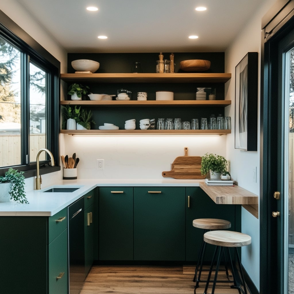 Modern green kitchen with wooden shelves and white countertops