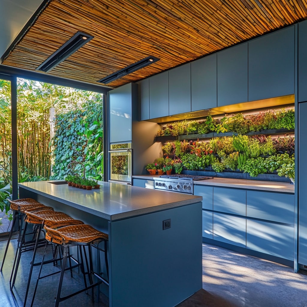 Modern blue kitchen with living wall bamboo ceiling and leather barstools