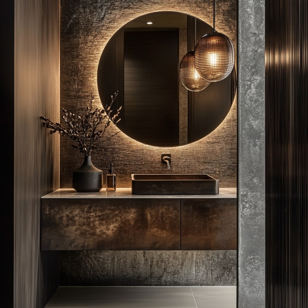 Modern powder room with backlit mirror metallic finishes and textured walls