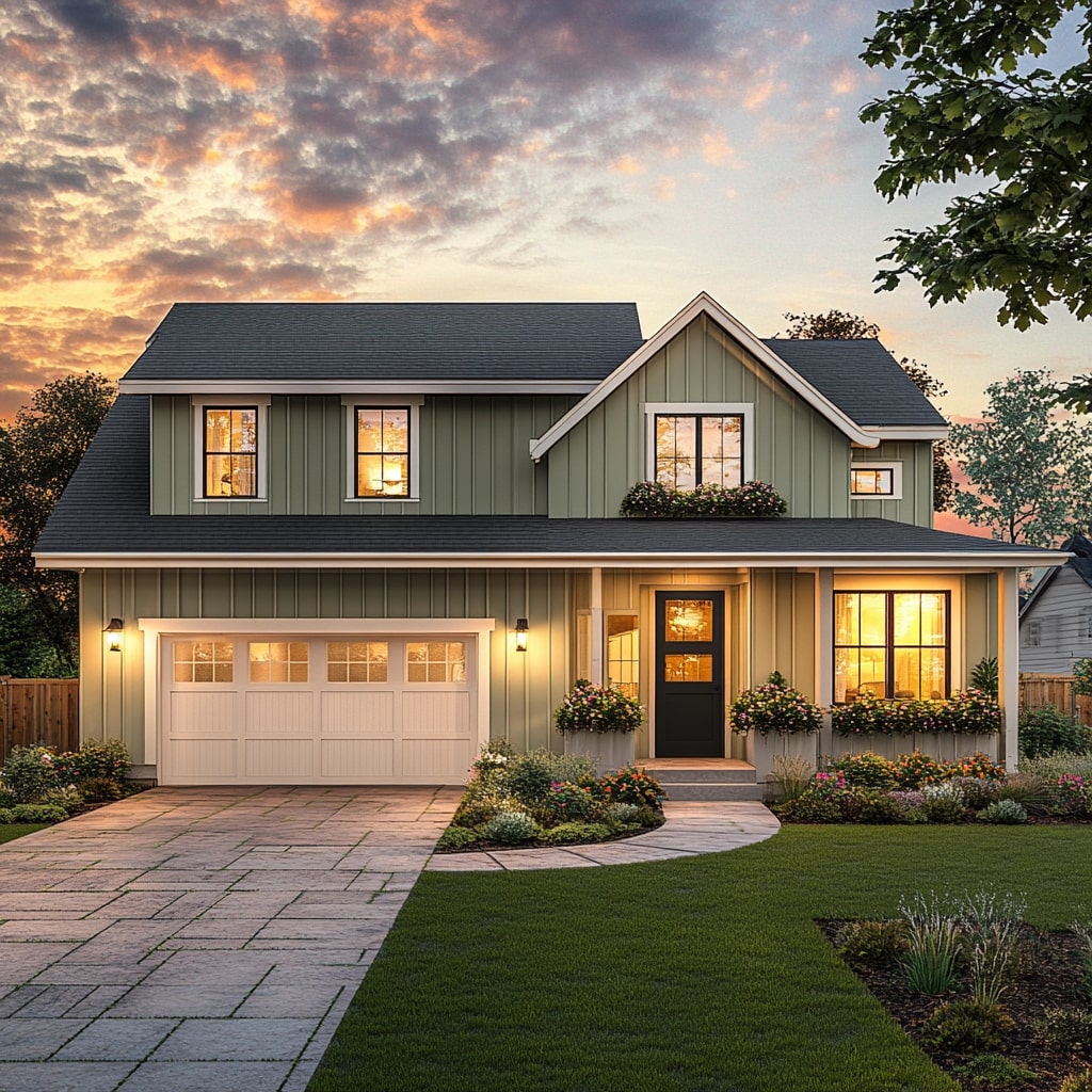 Sage green farmhouse with white trim curved gardens and stone paver driveway