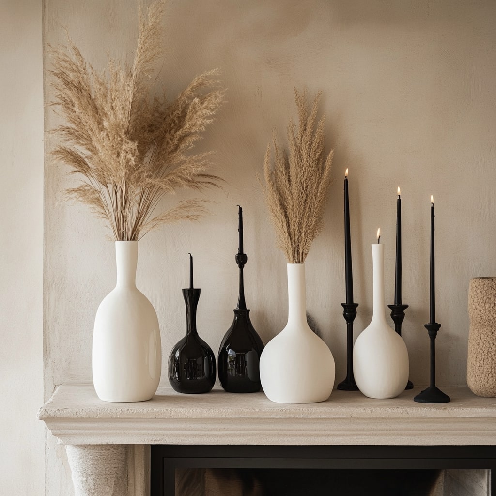 Black and white vases with pampas grass arranged on stone mantel