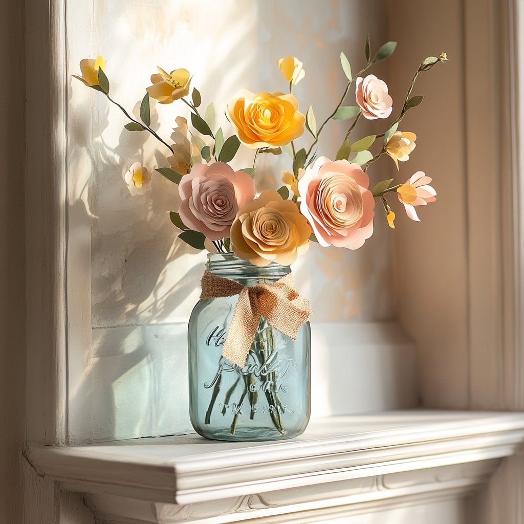 Blue mason jar filled with handmade paper roses in peach and yellow with burlap bow