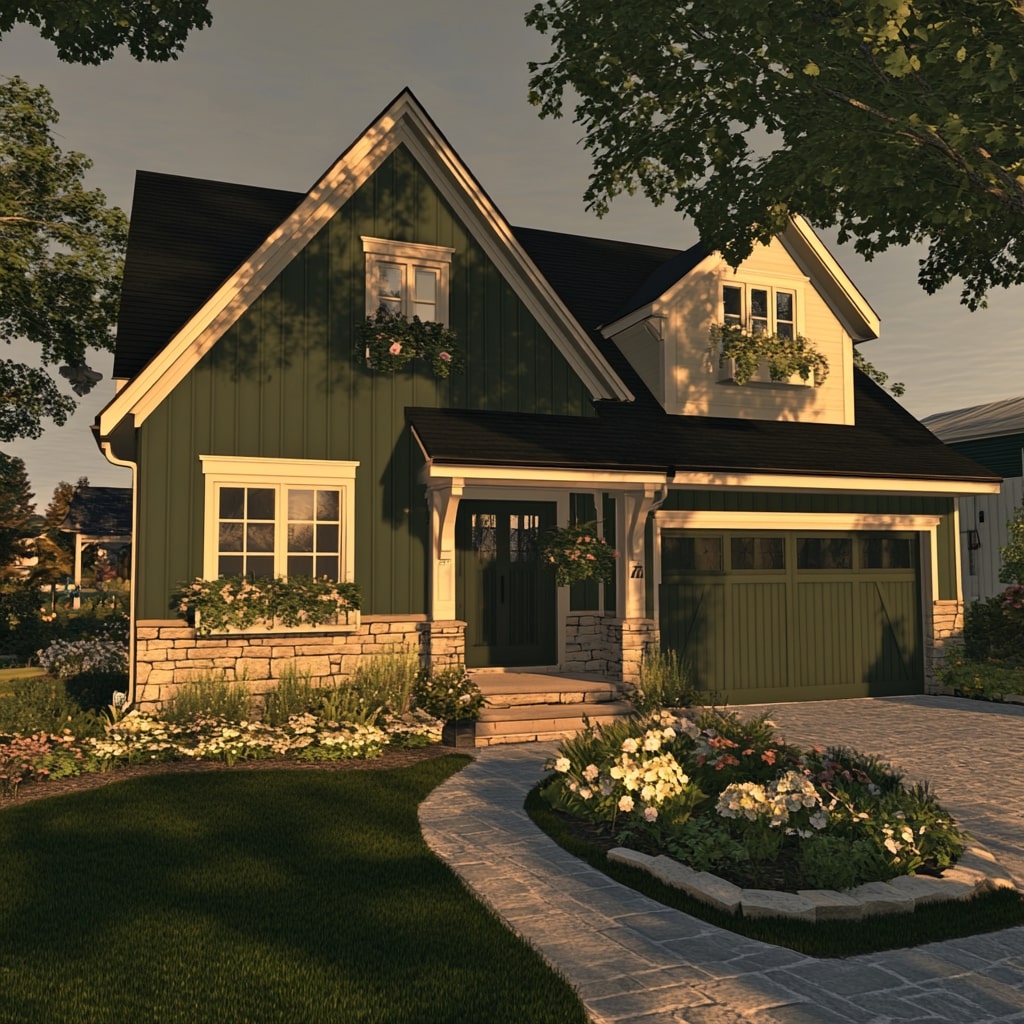 Green cottage with stone foundation curved flower gardens and paver walkway