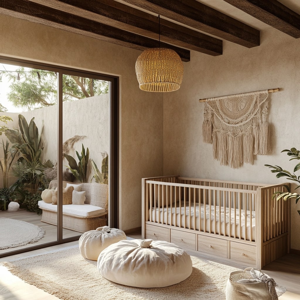 Desert style nursery with wooden crib floor cushions and sliding doors