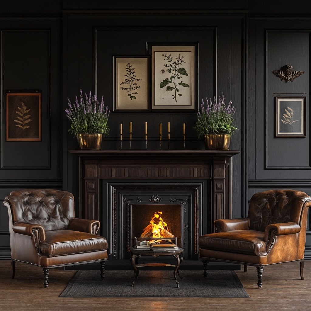 Black fireplace with leather chairs botanical art and brass accents