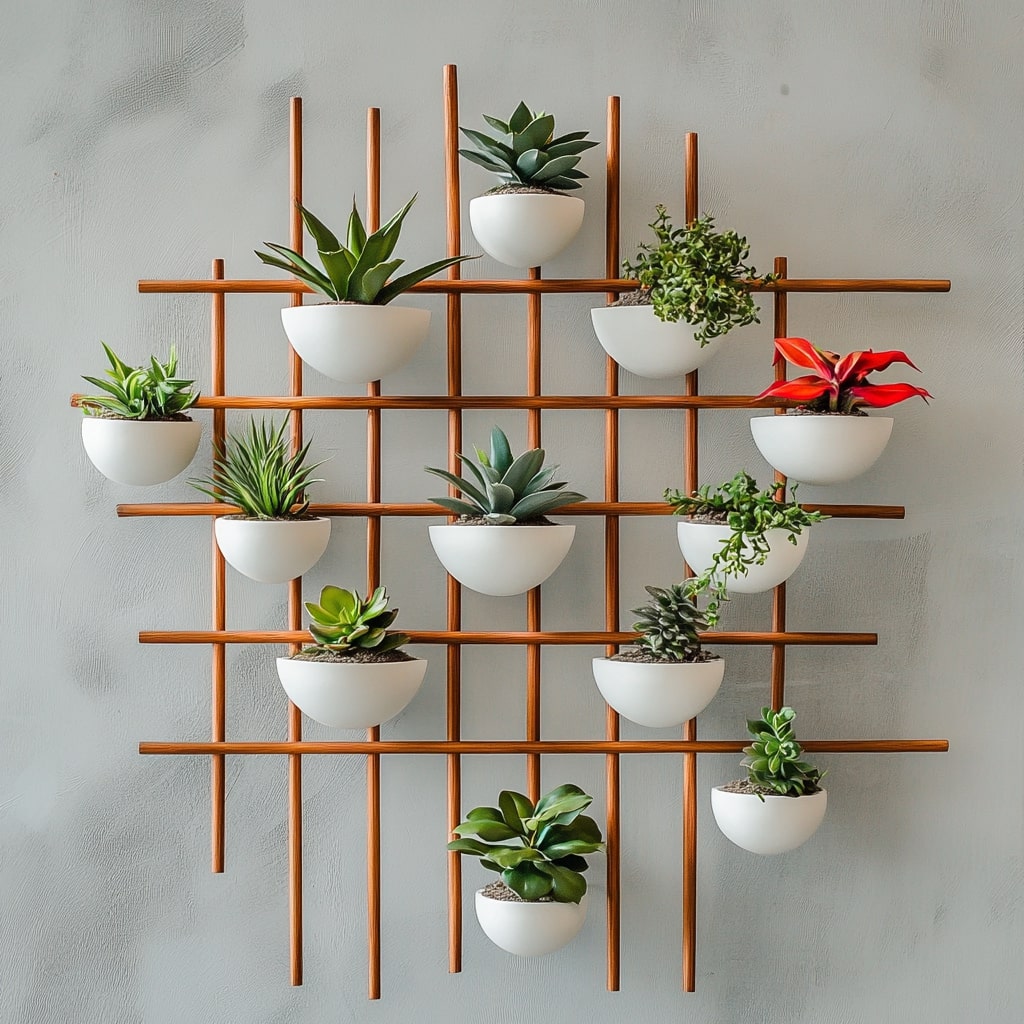 Wooden grid wall display with white planters and succulent collection