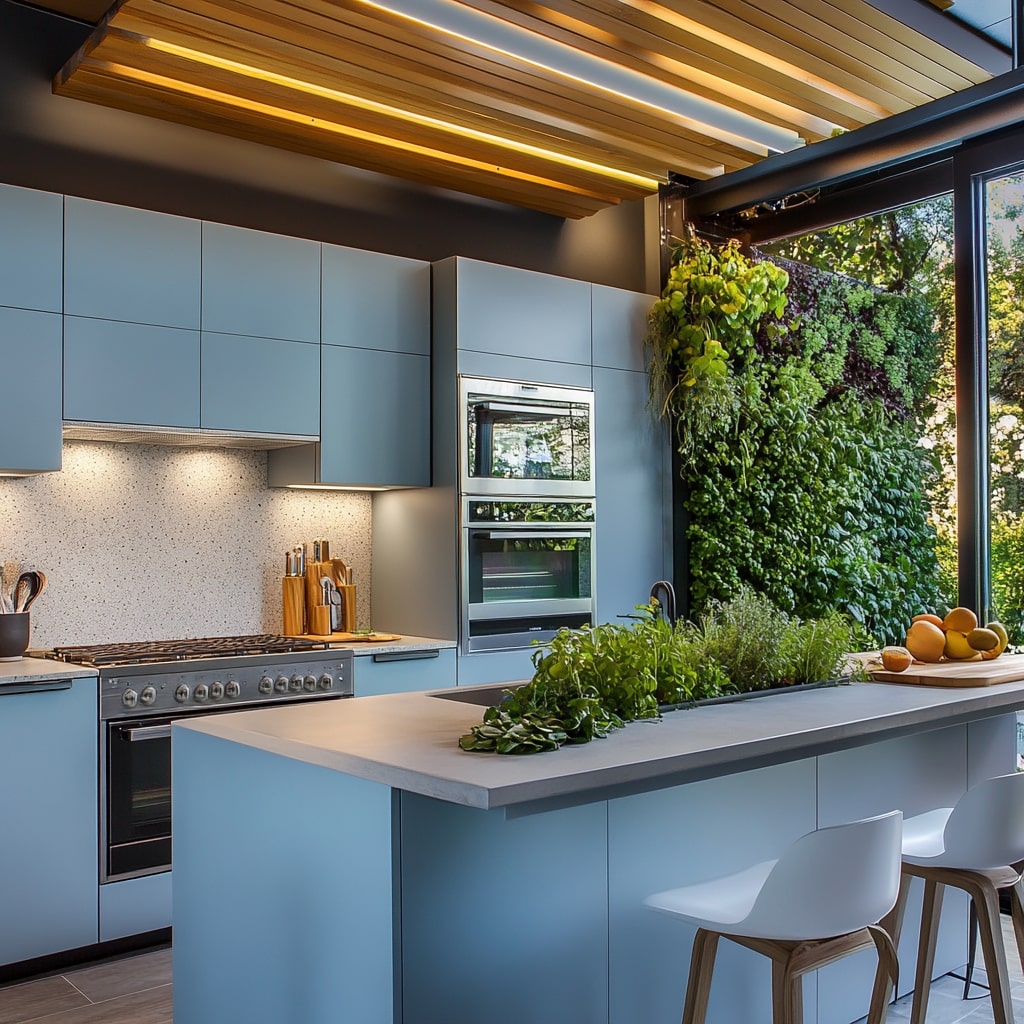  Blue kitchen with vertical garden illuminated ceiling and white bar stools