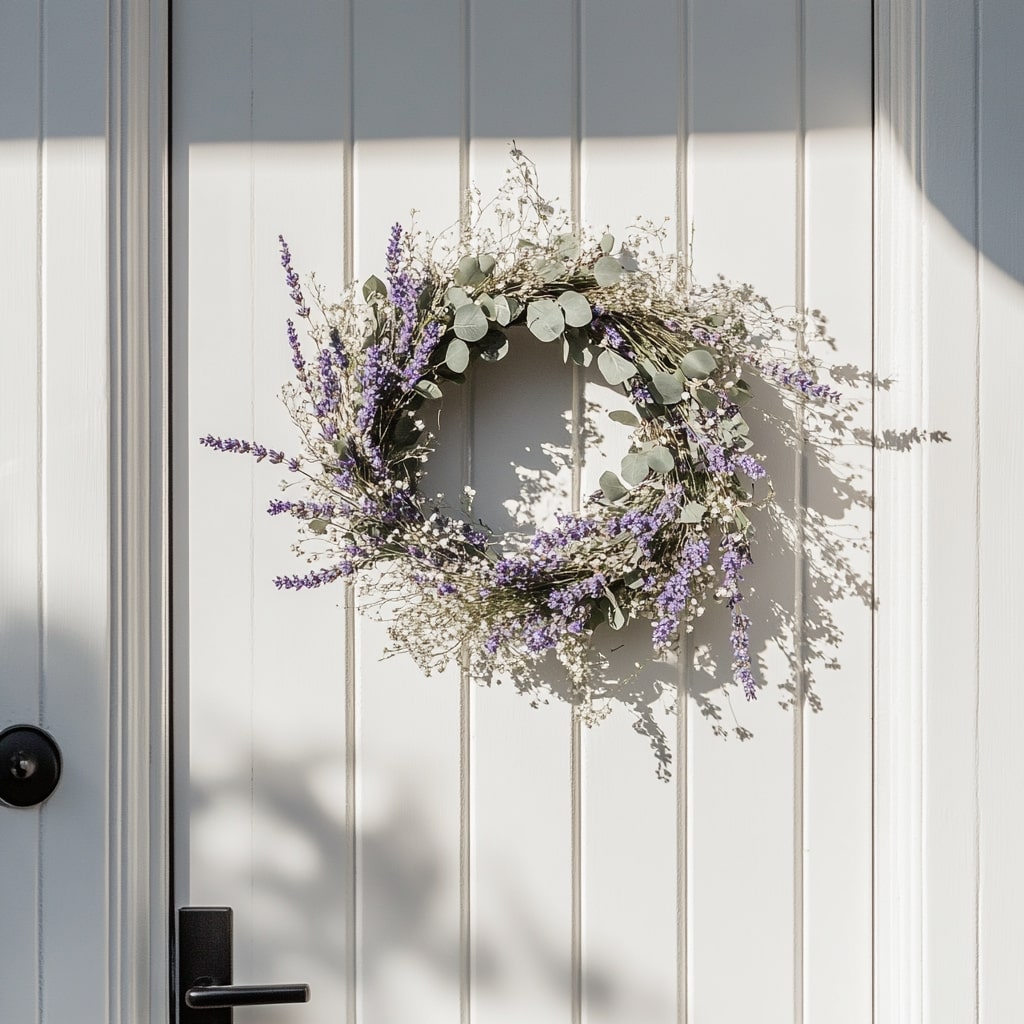 White door with dried lavender and eucalyptus wreath casting shadows