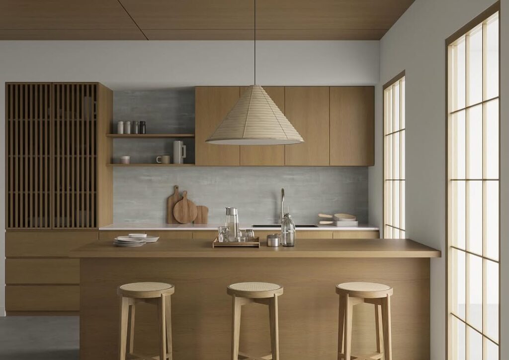 Modern kitchen with Japanese inspired windows and wooden details