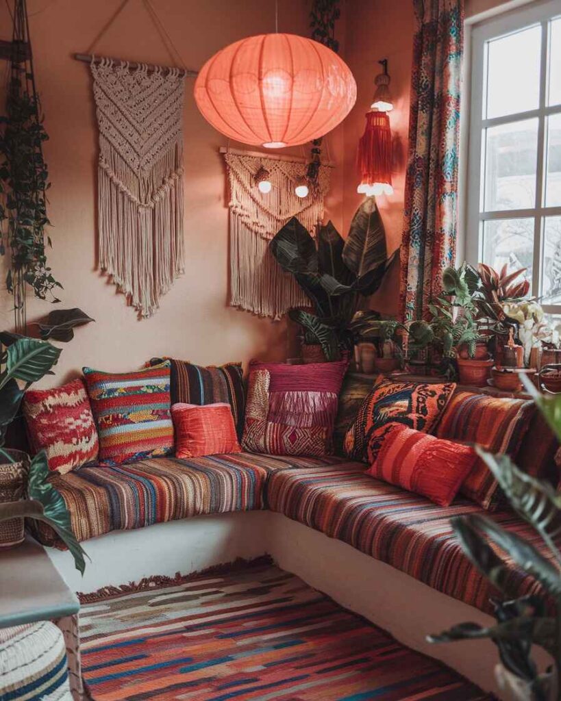 Floor seating with striped textiles macrame art and orange paper lantern