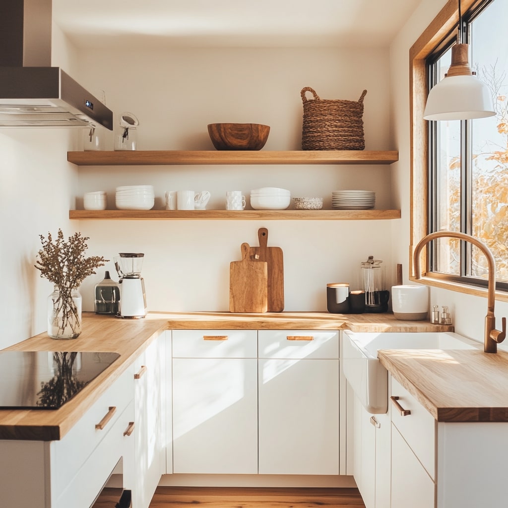 White kitchen with wooden countertops and open shelving