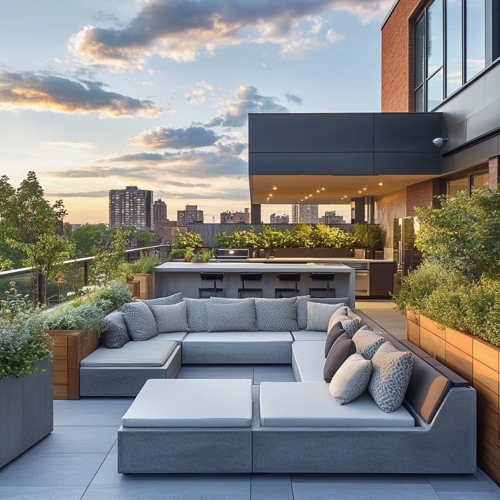 Modern rooftop deck with built in seating outdoor kitchen and city views