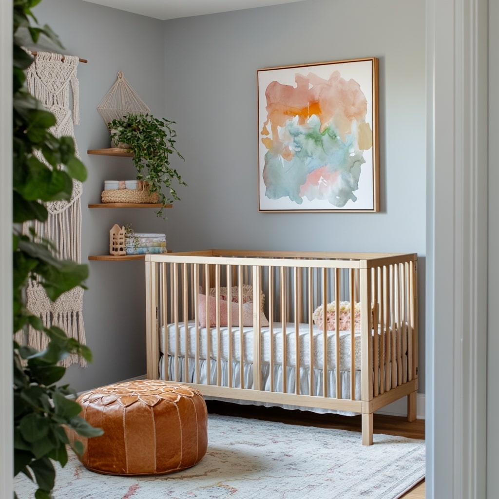 Natural nursery with wooden crib macrame decor and leather ottoman