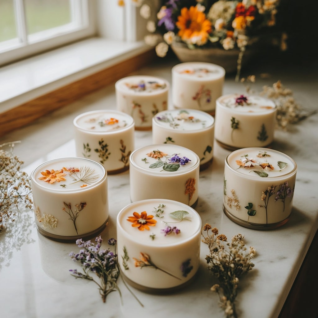  Collection of white candles decorated with pressed dried flowers