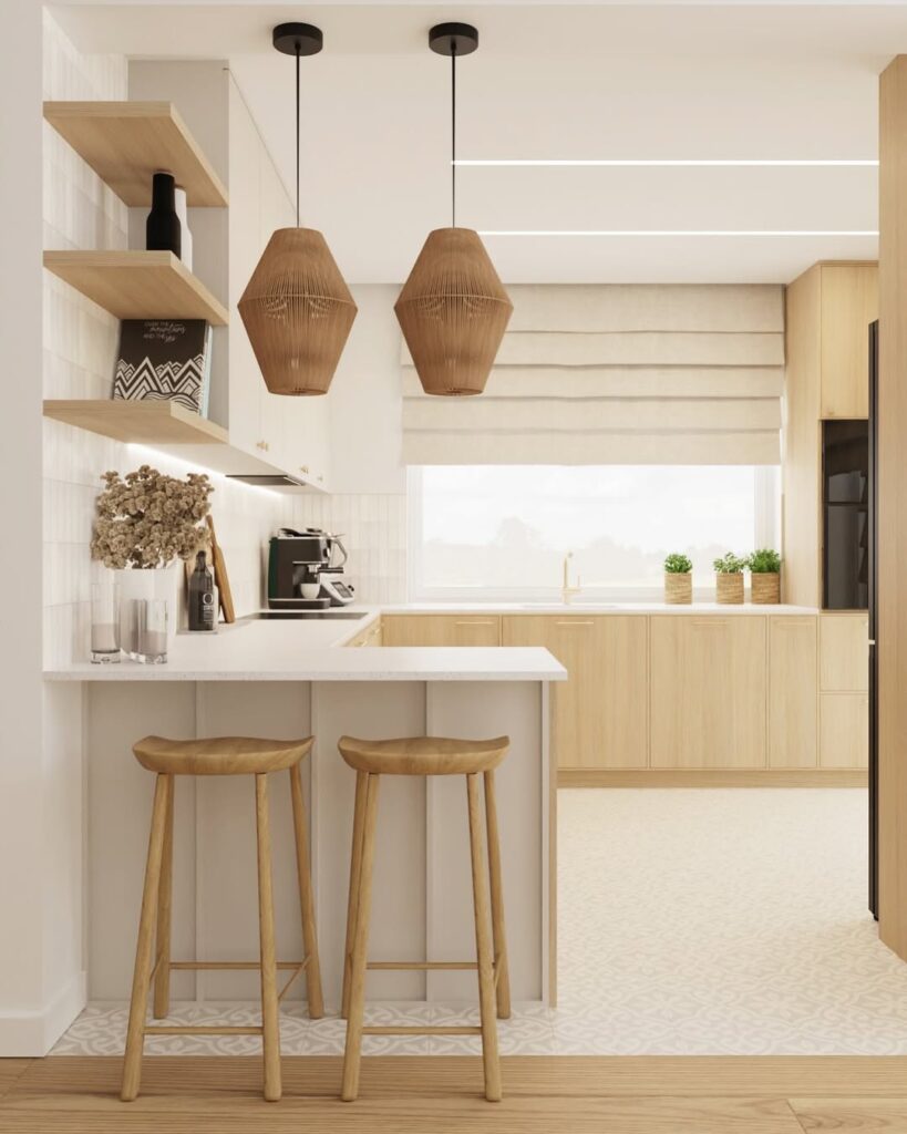 Small kitchen with coffee station and geometric pendant lights