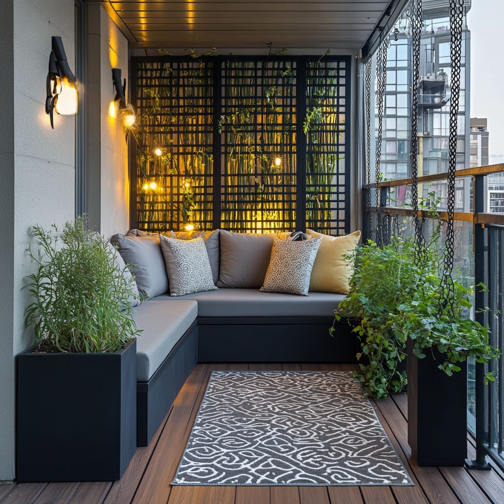  Urban balcony with built in seating lattice screens and mood lighting