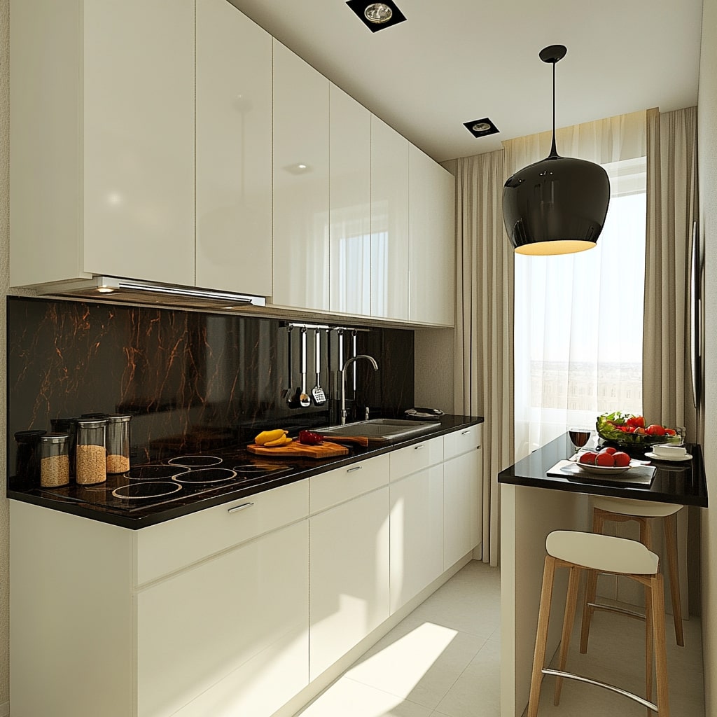 Modern white kitchen with black marble backsplash