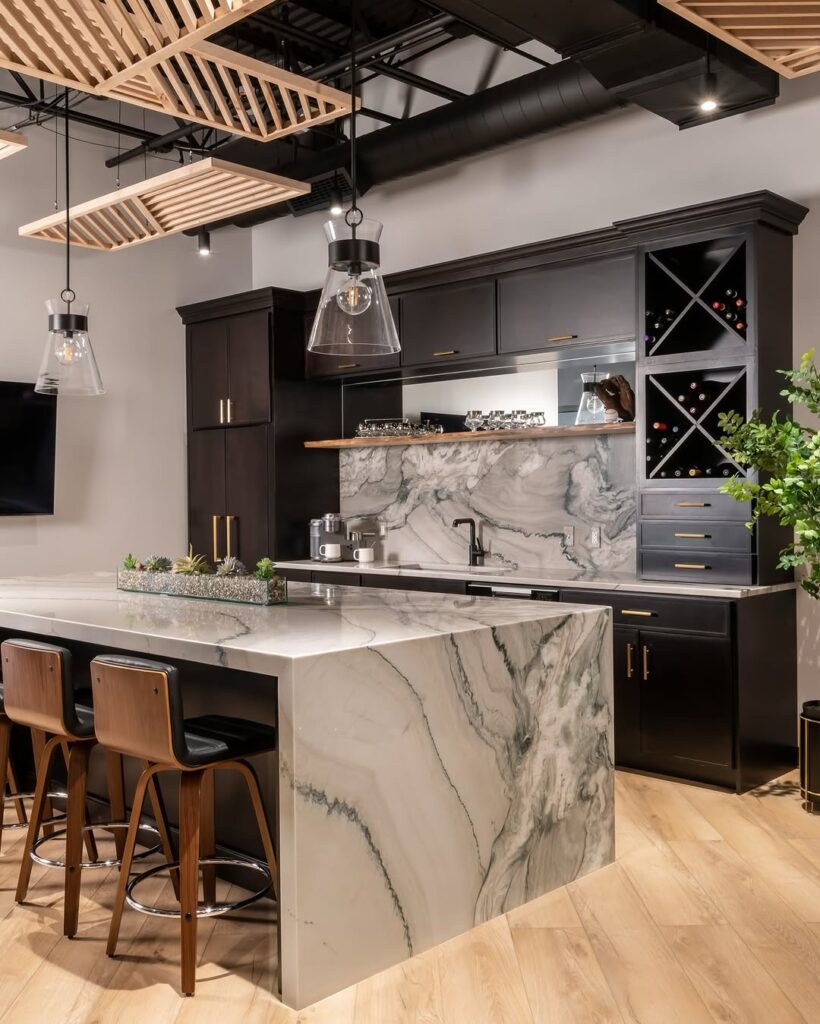  Dark kitchen with wooden ceiling slats marble backsplash and wine storage