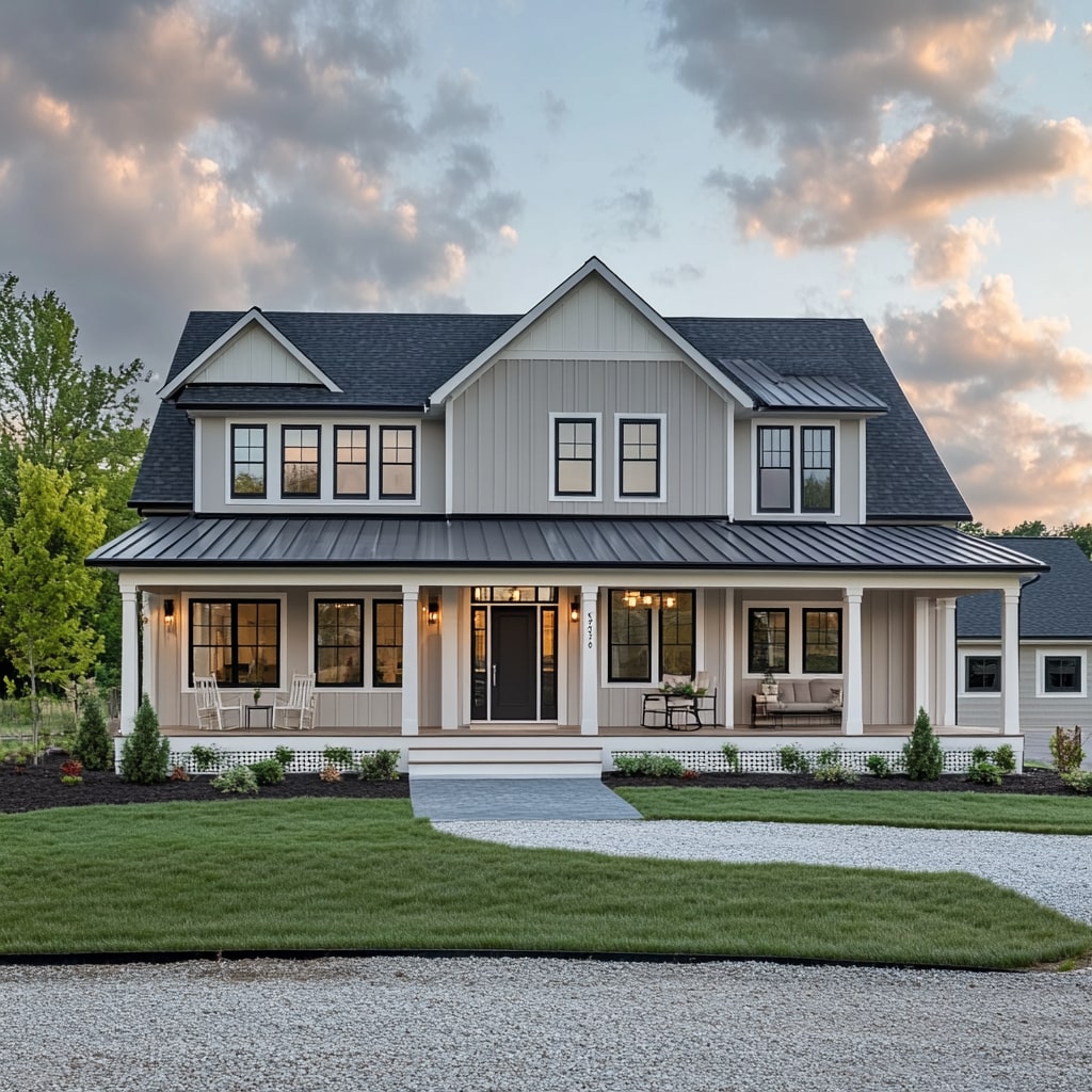 Gray farmhouse with white wraparound porch structured landscaping and gravel drive