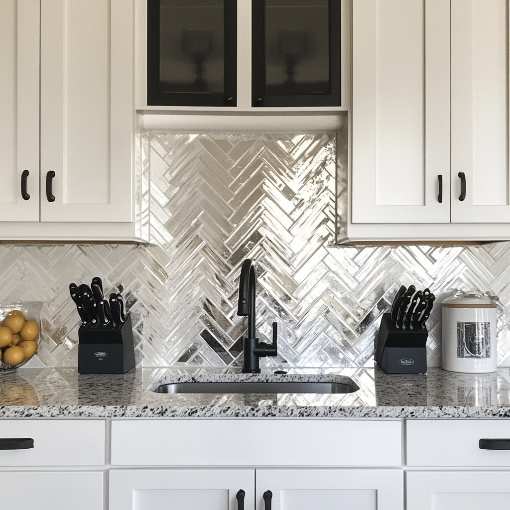  White kitchen with herringbone tile backsplash and black hardware