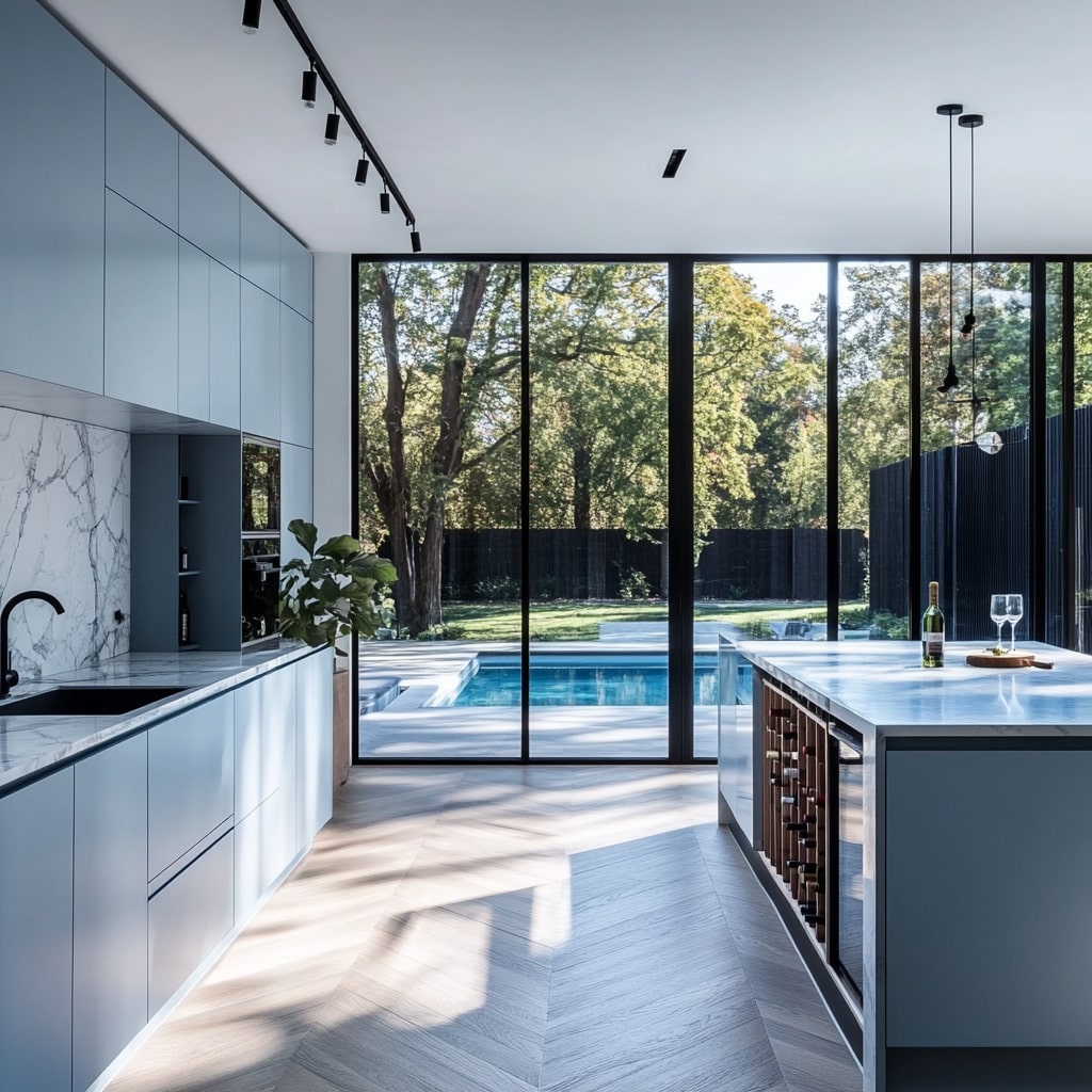 Modern blue kitchen with pool view chevron flooring and wine storage