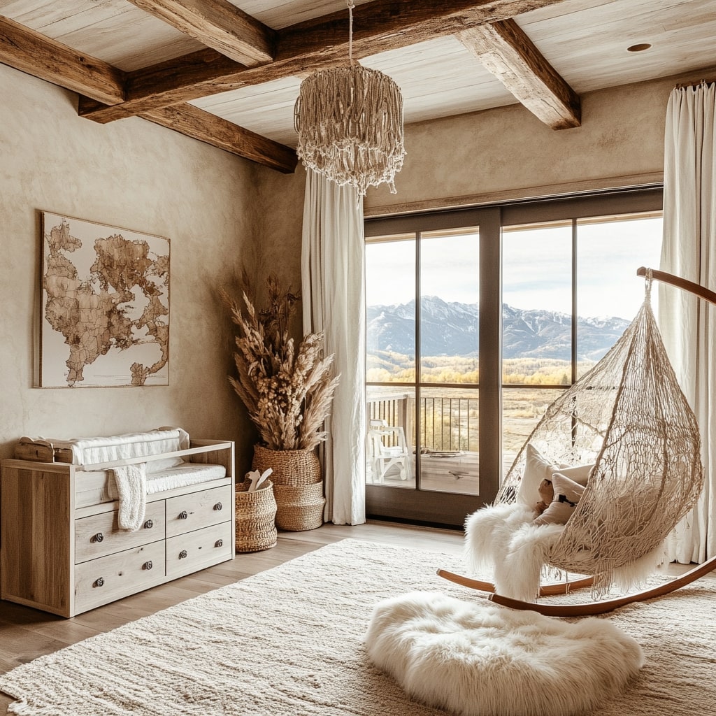 Mountain view nursery with wooden beams hanging chair and natural decor