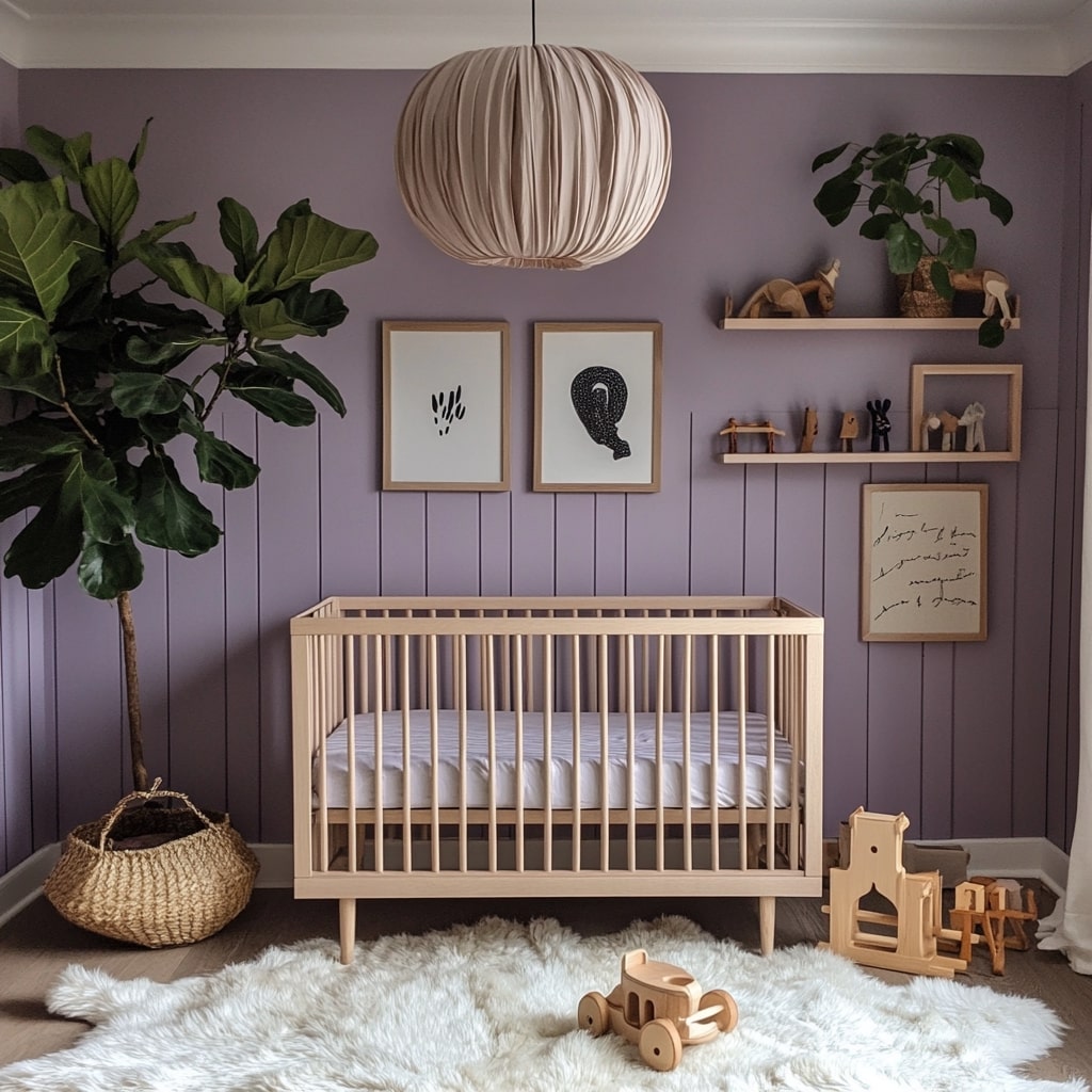 Purple nursery with wooden crib and large indoor plants