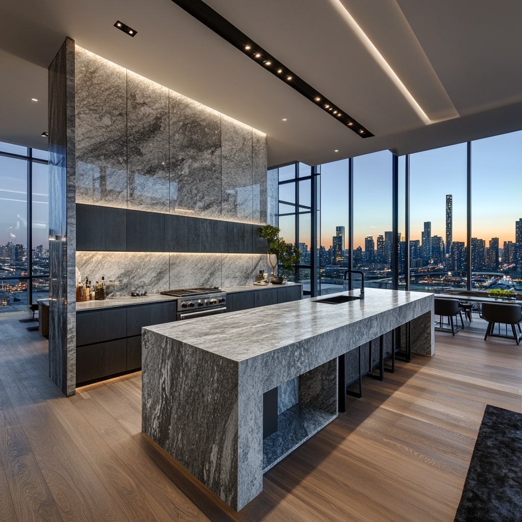 Modern kitchen with marble walls panoramic views and waterfall island