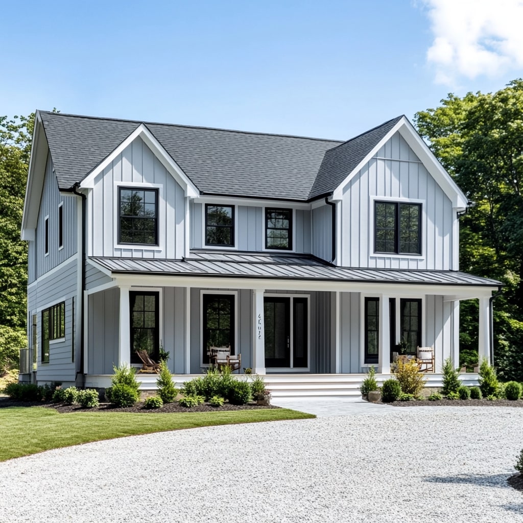 White farmhouse with black windows wraparound porch and metal roof accents