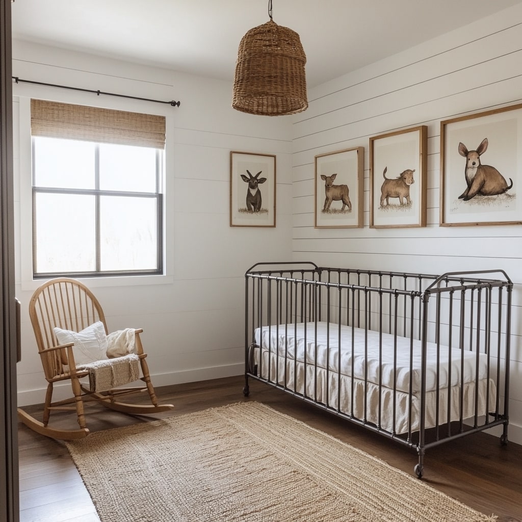 White nursery with animal prints metal crib and natural textures