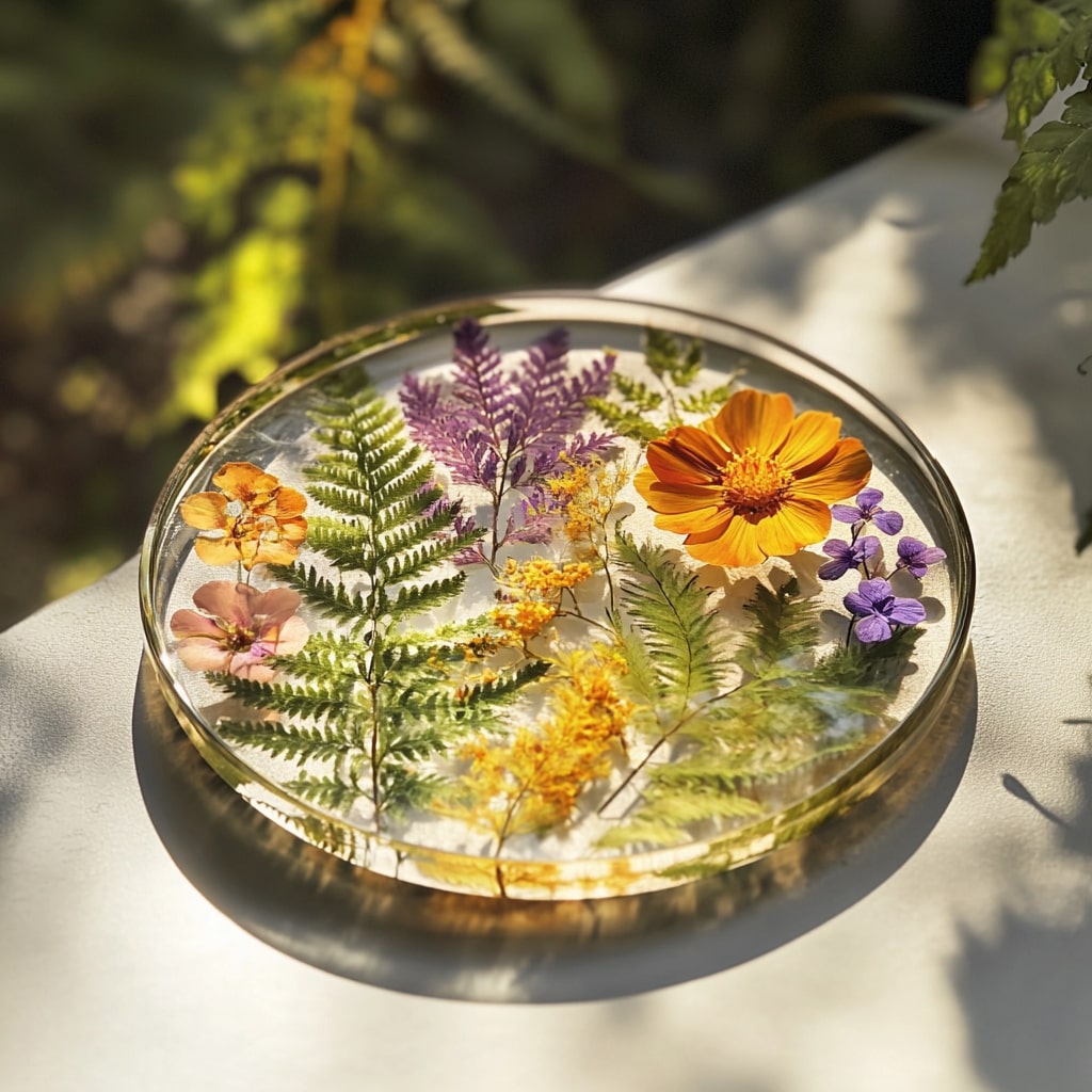  Clear resin coaster with pressed flowers ferns and leaves in sunlight