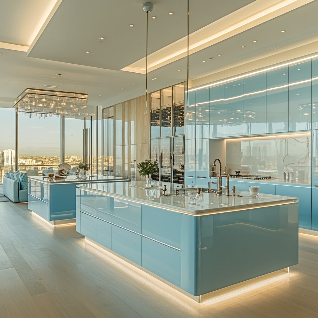 Luxury blue kitchen with city views crystal chandelier and LED lighting