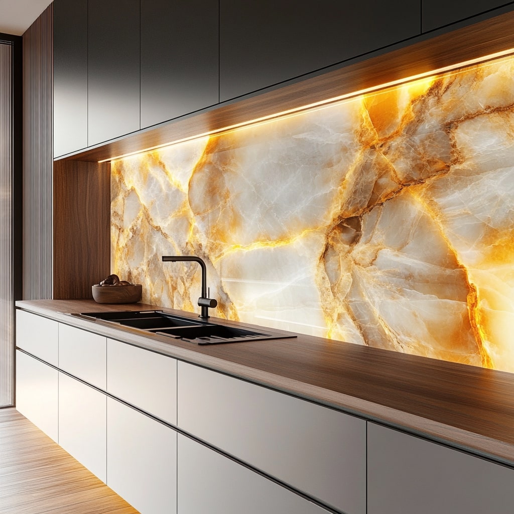 Modern kitchen with illuminated amber onyx backsplash and white cabinets