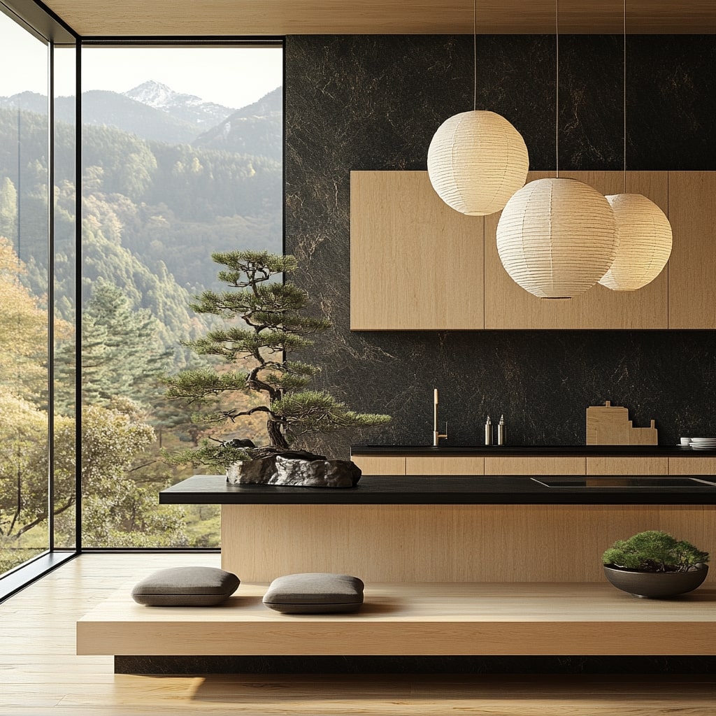  Modern kitchen overlooking mountains with paper lantern lights