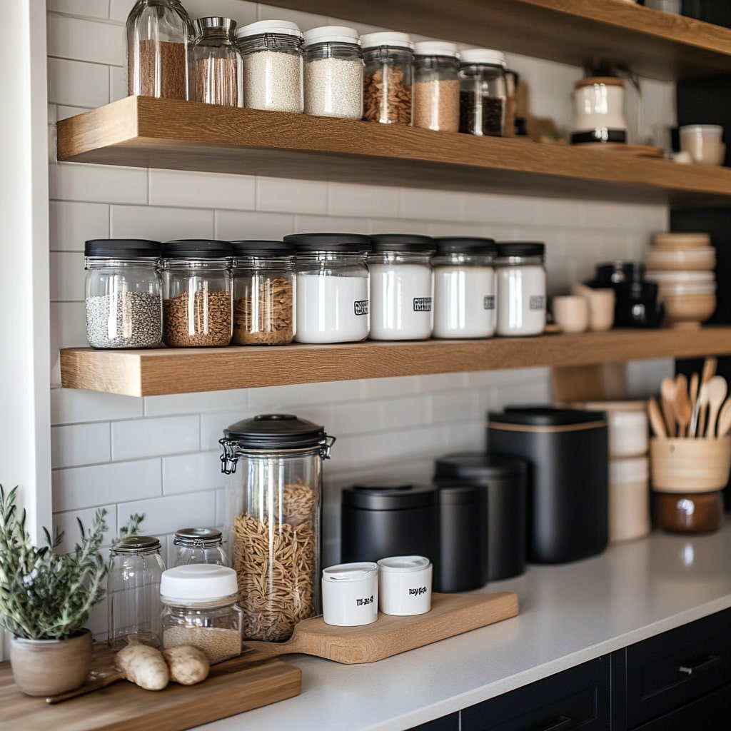 Wooden shelves with organized glass jars and kitchen storage containers