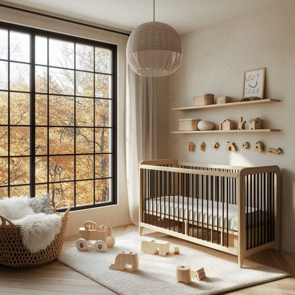 Minimalist nursery with wooden crib floating shelves and black window frames