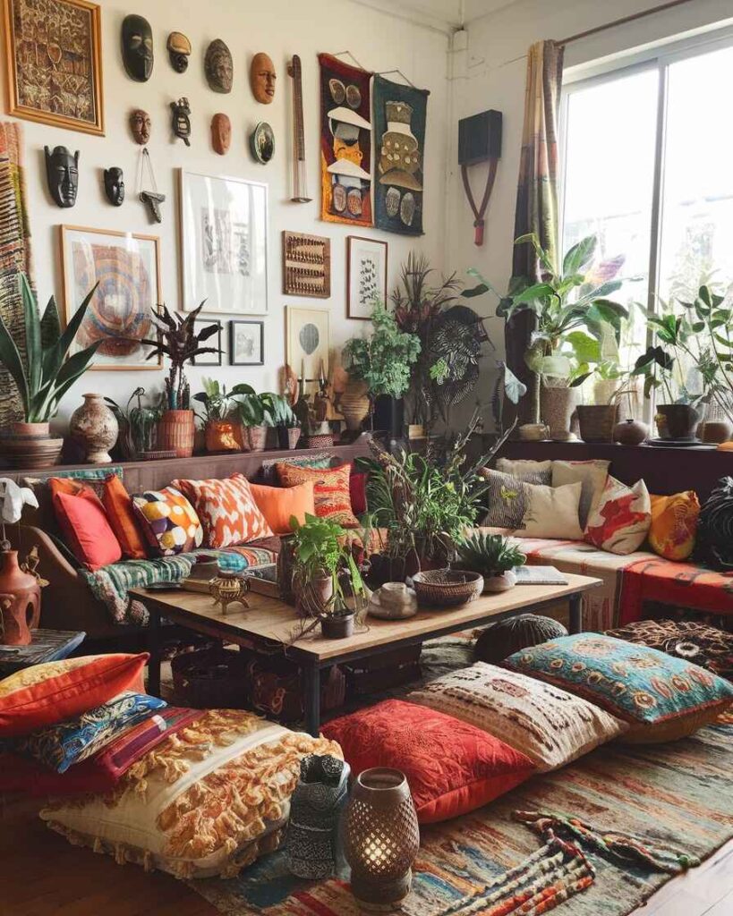 Brown sectional with tribal masks plant collection and colorful pillows