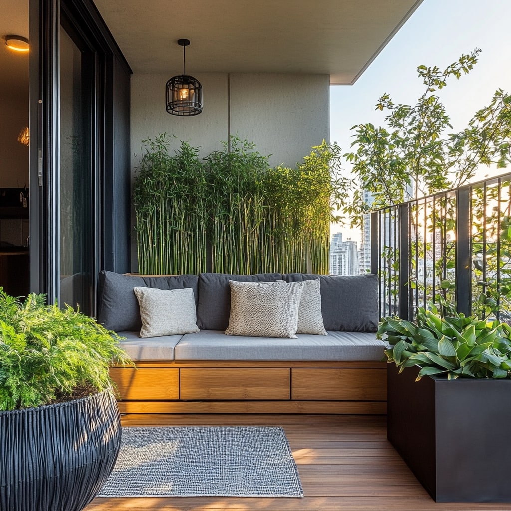 Modern balcony with bamboo plants built in bench and pendant lighting