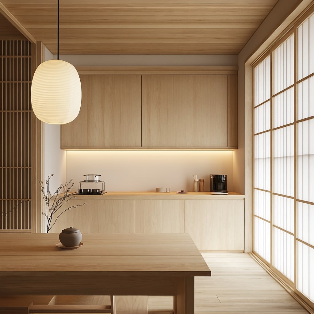 Minimalist wooden kitchen with paper screen windows