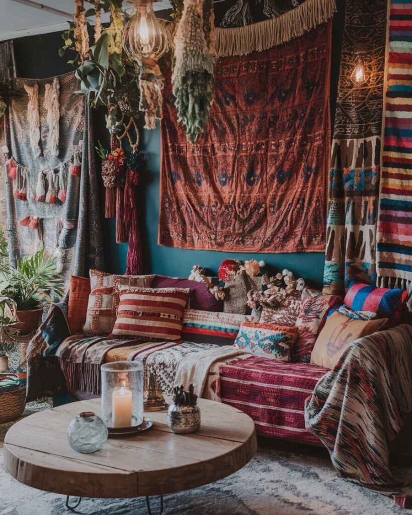 Layered textiles with wooden coffee table hanging plants and candlelight