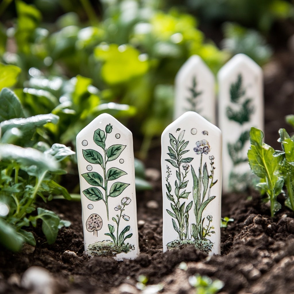  White ceramic garden markers with painted botanical illustrations