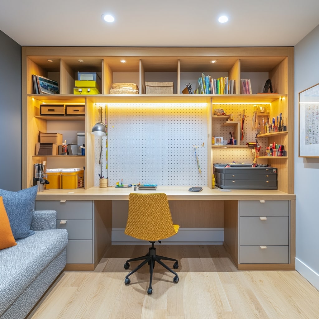 Built in home office with pegboard wall storage and yellow chair