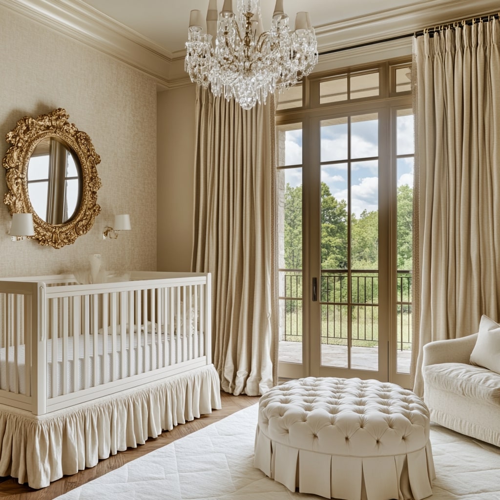 Elegant nursery with crystal chandelier tufted ottoman and French doors