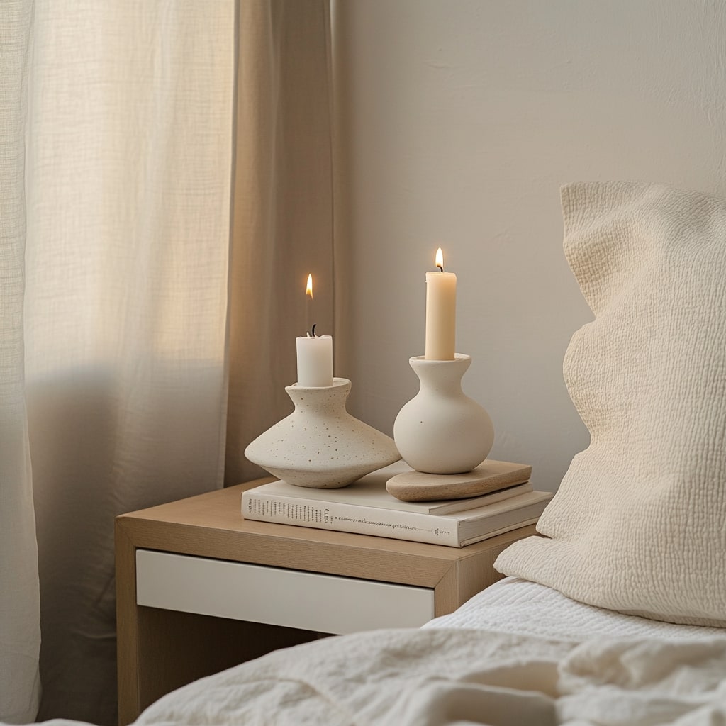 White ceramic candleholders on wooden nightstand with neutral bedding