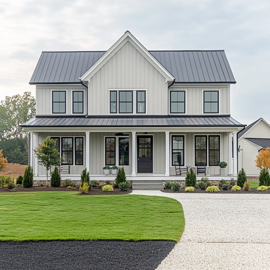 White modern farmhouse with black trim columned porch and curved driveway