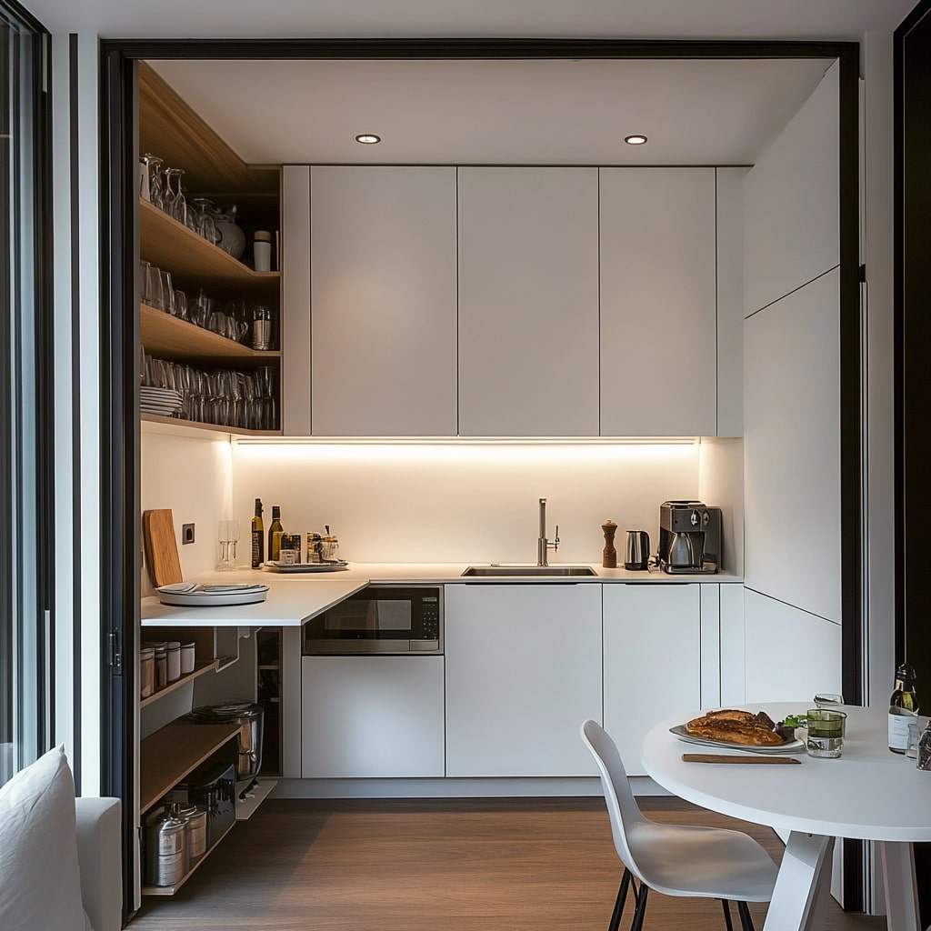 Compact white kitchen with built in storage and round table