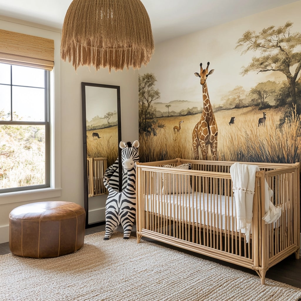 Safari themed nursery with giraffe mural bamboo crib and leather accents