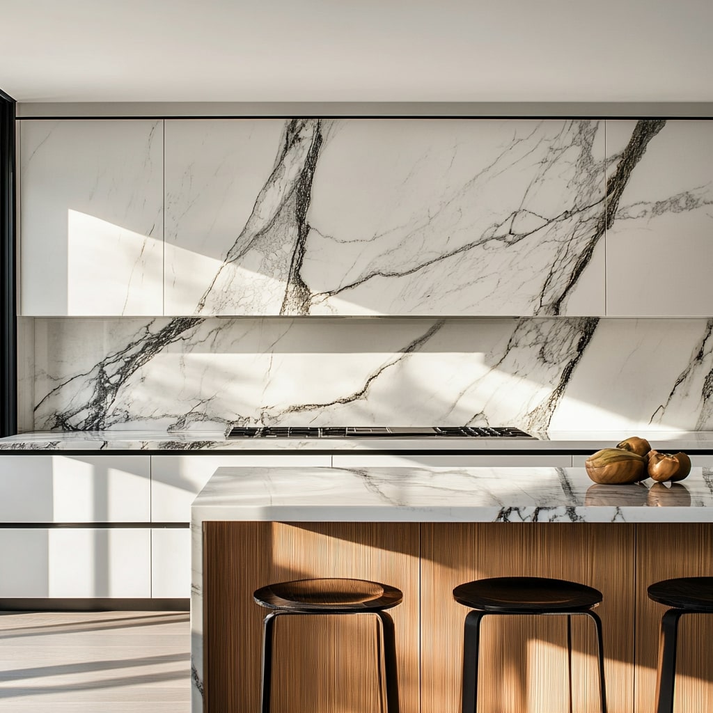 Modern kitchen with dramatic marble walls wood accents and bar seating