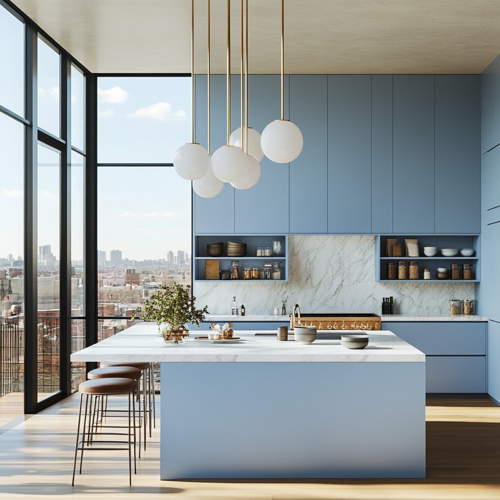 Modern blue kitchen with globe pendants marble island and city views