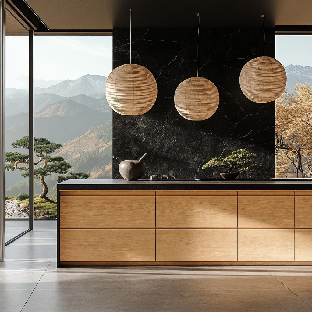 Minimalist kitchen with mountain view and Japanese lanterns